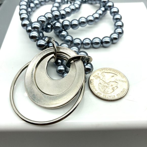 Classy Grey and Silver Circles Pendant on Lustrous Faux Tahitian Pearl Long - Picture 5 of 5